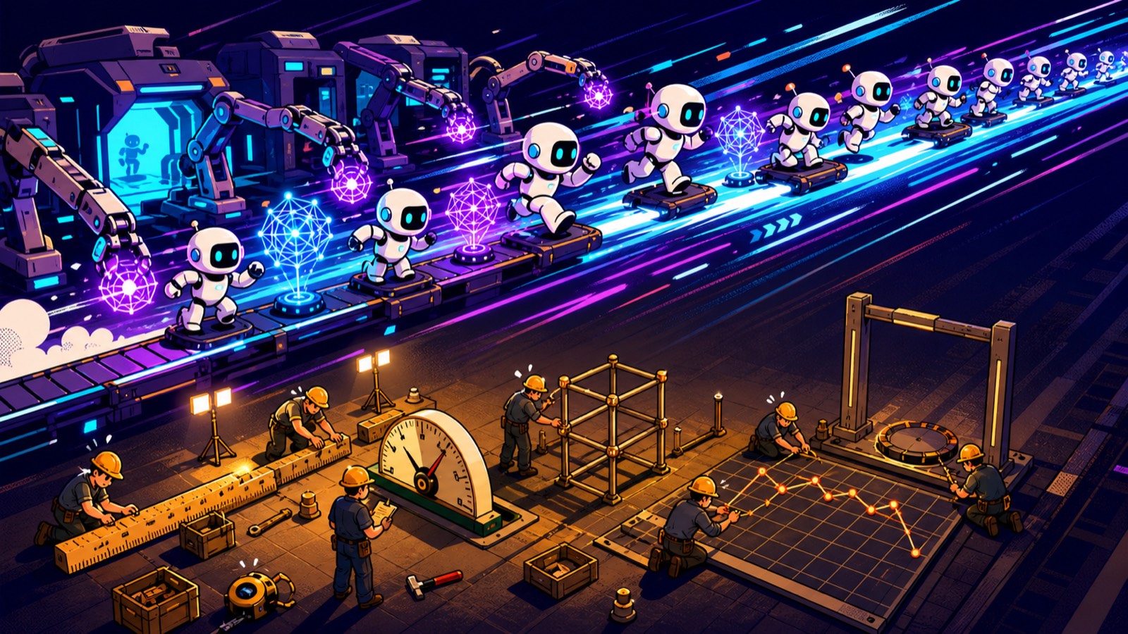 An illustration of robots streaming off a glowing high-speed assembly line while, below, a crew of workers slowly hand-builds measuring instruments — a ruler, a gauge, a grid, and a plotted chart.